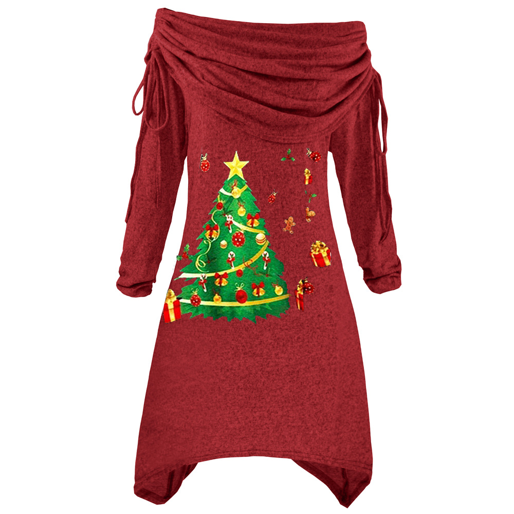 2023 Plus Size Women's Long Sleeve Christmas Tree Printed Pleated Collar Irregular Long Drawstring Autumn and Winter Knitted Dress
