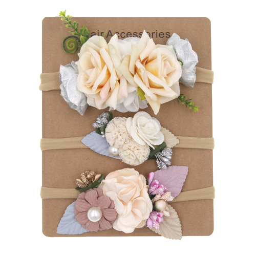 Fashionable soft children's headband Bohemian vacation children's artificial flower nylon high elastic hairband card set
