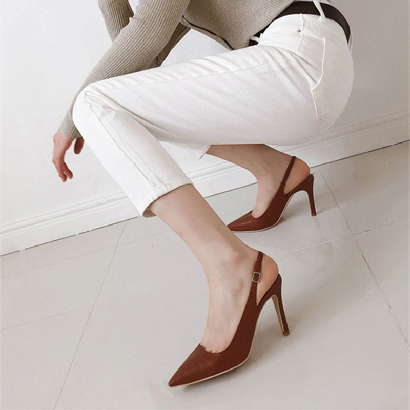 Women's High Heels Pointed Toe Open Back Slim Heel Single Buckle Girlish Sandals_voghion.com