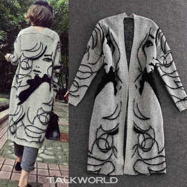 外贸速卖通新款女装抽象蝙蝠袖简约中长款针织衫毛衣开衫外套批发