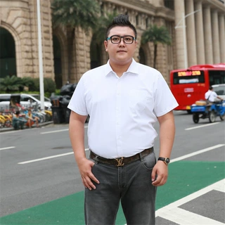 男士加大码短袖衬衫男装条纹半袖衬衣有加大加肥胖子蓝色工装
