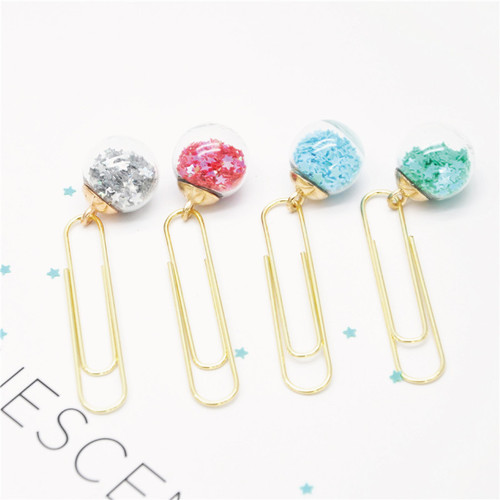 Girl's heart quicksand crystal ball glass paper clip bookmark paper clip 50mm electroplated imitation gold star paper clip