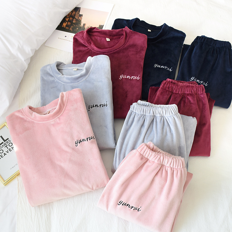 Spring and Autumn Coral Fleece Pajamas for Women Couple Autumn and Winter Thickened Fleece-Lined Pullover Outer-Wearing Island Fleece Home Suit