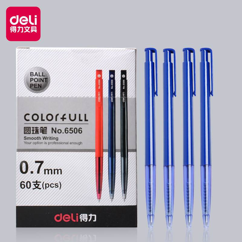 Deli ballpoint pen with blue core, push-button design, older model, red/black ballpoint pen, 0.7mm office signature pen.