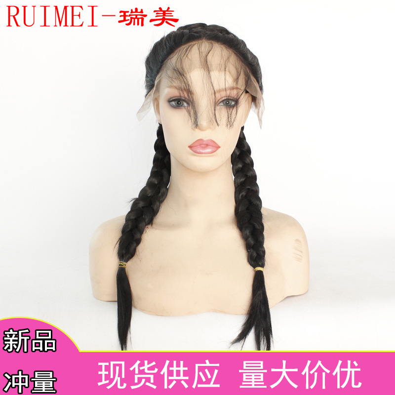 European and American chemical fiber front lace headgear natural black double ponytail handmade fishbone braid wig factory in stock