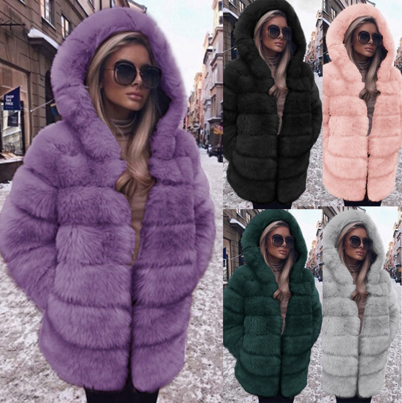European and American New 2024 Imitation Fur Outwear Imitation Fox Fur Mid-Length Spliced Long-Sleeved Hooded Fur Women's Outwear