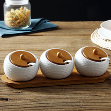 礼品供应 创意陶瓷三件套高尔夫调料盒套装 家用厨房竹盖调味罐