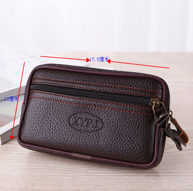 Bolso de cintura de cuero con cremallera de gran espacio para hombres bolso del teléfono móvil bolso de tarjeta de cinturón de cuero suave de doble capa multifuncional 6 pulgadas