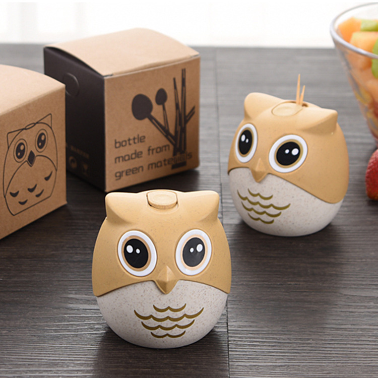 Caja de palillo de dientes de paja de trigo creativo lindo búho palillo de dientes tarro diario hogar dibujos animados palillo botella entrega de una pieza
