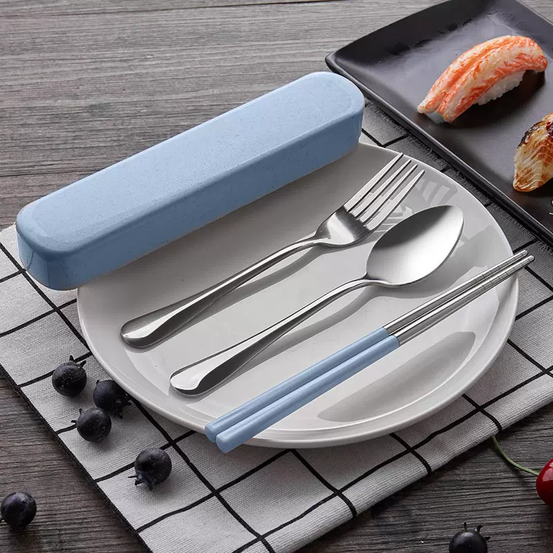 不锈钢成人筷子叉子勺子套装便携式学生家用儿童可爱餐具盒三批发