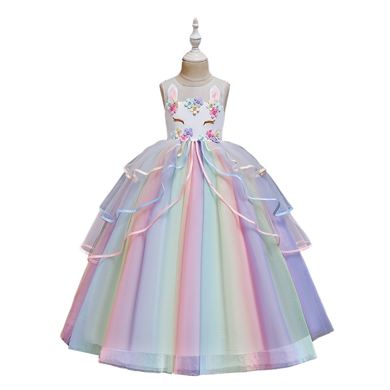 2023 verano nuevo europeo y americano vestido de las niñas vestido unicornio malla Arco Iris mullido hilo princesa vestido