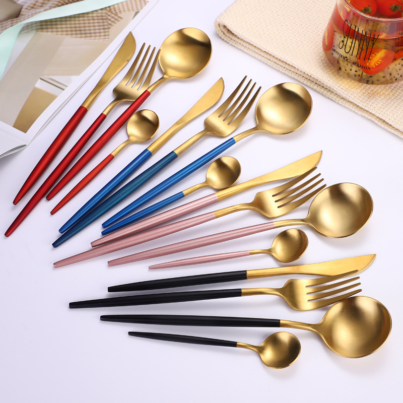 304 Stainless Steel Knife, Fork and Spoon Four-piece Set Portuguese Tableware Spoon and Fork Black Gold Western Steak Knife and Fork Set 304 Stainless Steel Knife, Fork and Spoon Four-piece Set Portuguese Tableware Spoon and Fork Black Gold Western Steak Knife and Fork Set