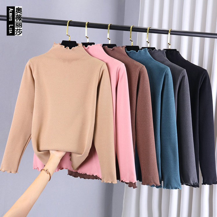 Double-sided Velvet Heating Fleece Semi-high Collar Long-sleeved Base Shirt Women's Autumn and Winter Fleece-lined Fungus Lace Middle Collar T-shirt