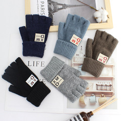 Men's Fashion Solid Color Half Finger Woolen Gloves with Letters, Warm Keeping Finger Exposure, Student Typing, Drop Ship One Piece