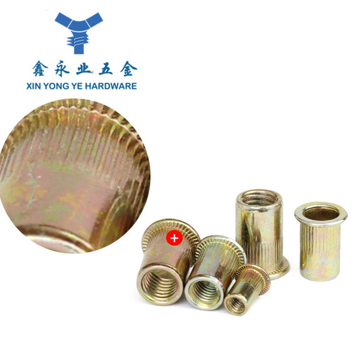 M3-M12 flat head vertical stripe rivet nut galvanized color vertical stripe nut flat head knurled rivet nut