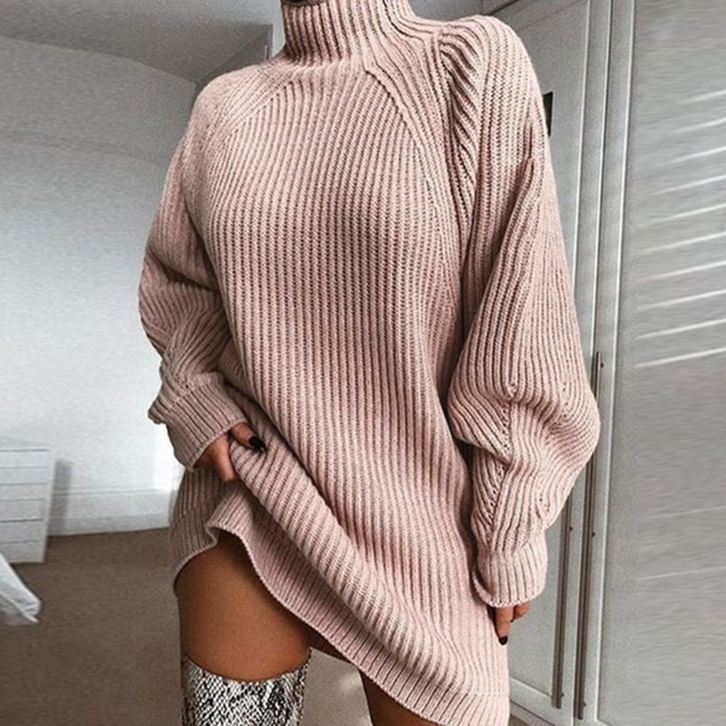 Nuevo Producto Otoño-Invierno 2025, Suéter Vestido de Punto con Manga Raglán y Cuello Alto a Media Altura, Estilo Transfronterizo para Amazon