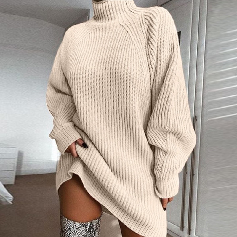 Nuevo Producto Otoño-Invierno 2025, Suéter Vestido de Punto con Manga Raglán y Cuello Alto a Media Altura, Estilo Transfronterizo para Amazon