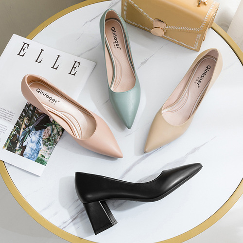 French Retro Women's Summer Brown Pointed Toe English Style Small Leather Shoes with Low Mouth Monologues