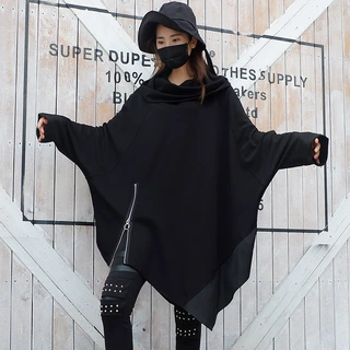 暗黑系2025秋季新款套头堆堆领卫衣女个性长袖不规则中长款卫衣裙