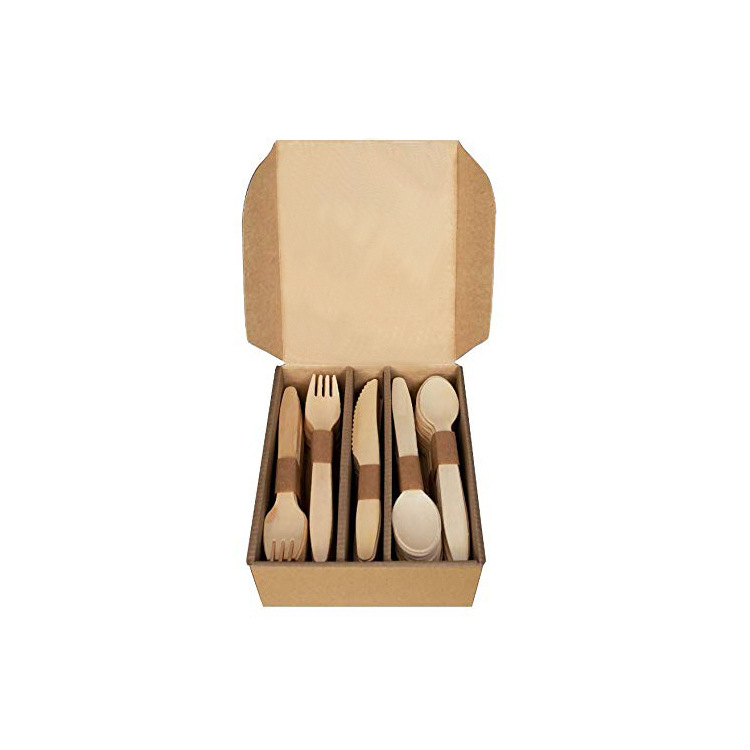 Juego de caja de papel desechable de madera de abedul de Amazon, cuchillo, tenedor y cuchara desechables de madera de abedul, artículos de cocina ecológicos y biodegradables.