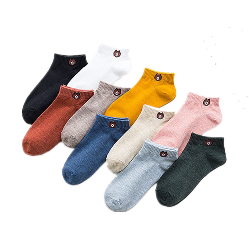 Lindo oso cabeza de estilo japonés barco Calcetines 10 colores bolsa de regalo calcetines de cuatro estaciones para mujer Calcetines de algodón de poliéster de tubo corto entrega de una pieza