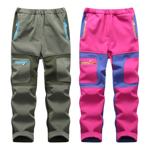 Children's fleece-lined combat pants breathable windproof waterproof color matching new boys and girls primary and secondary school mountaineering outdoor soft shell pants