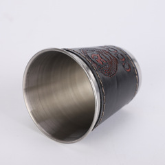 Factory Supplies 70ml Leather-Stitched Stainless Steel Wine Glasses, Small Leather Wine Cups, Metal Small Wine Mugs
