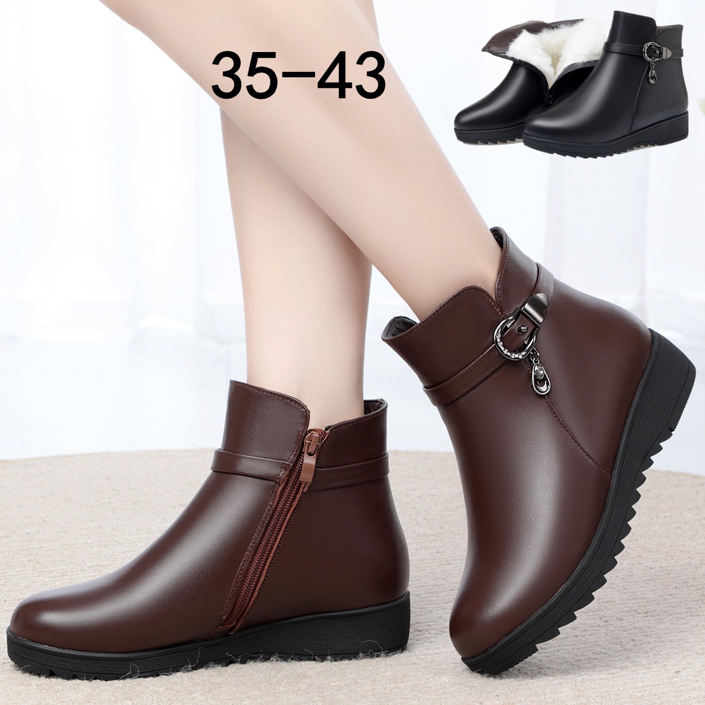 羊毛女式棉鞋平底中年棉皮鞋加绒保暖妈妈软底平跟大码中老年短靴