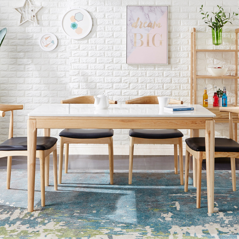 Mesa de comedor de madera maciza nórdica y combinación de sillas simple moderno pequeño apartamento mesa de comedor de mármol una Mesa seis sillas suministro directo de fábrica