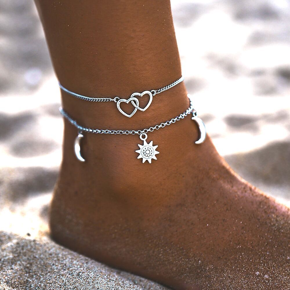2022 Cross-Border Sun Heart Crescent Beach Silver Metal Chain Anklet for Women European and American Manufacturers in Stock Beach Style