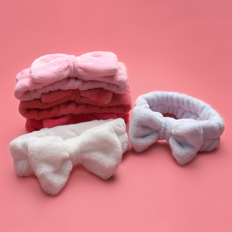 coral solid color headband for face washing with bow