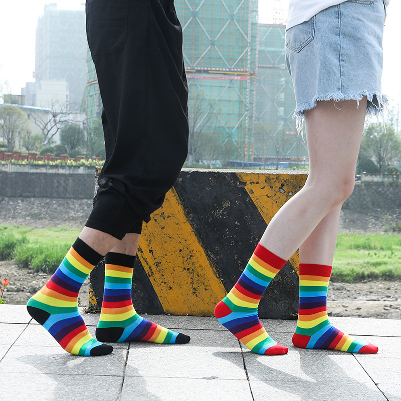 Calcetines de algodón arco iris de alta-top de moda de colores a rayas estilo preppy pila Calcetines
