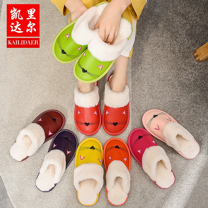 Тапочки из воловьей кожи для мужчин и женщин, Мультяшные домашние Нескользящие теплые домашние кожаные тапочки с деревянным полом, зимние