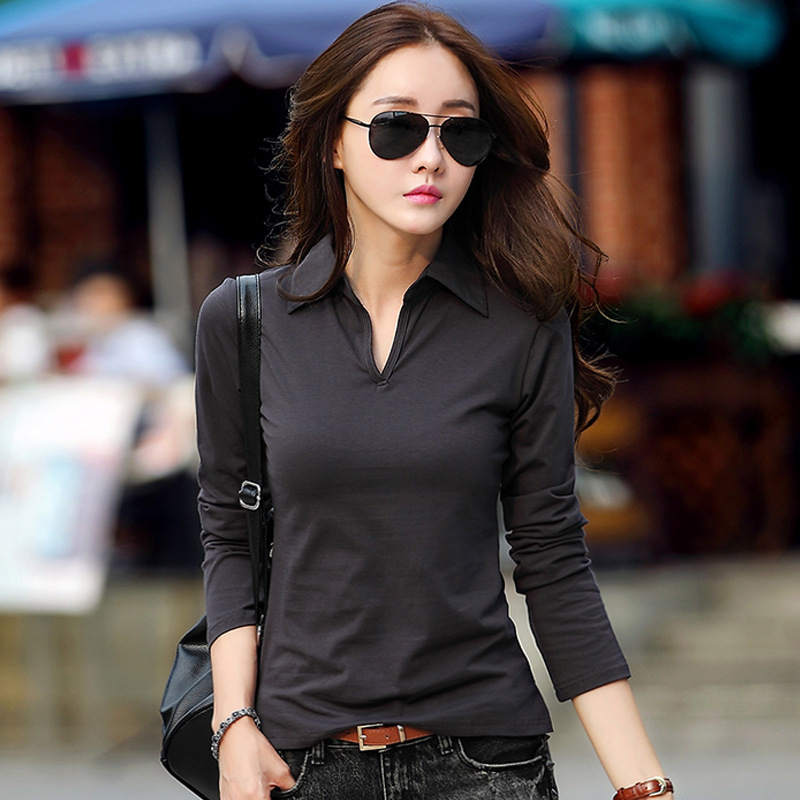 Autumn new lead bottoming shirt black lapel T-shirt polo collar top collar long sleeve women a wholesale Autumn new lead bottoming shirt black lapel T-shirt polo collar top collar long sleeve women a wholesale