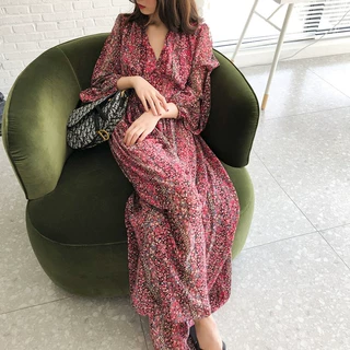 2025新款碎花收腰显瘦裙子泡泡袖仙女超仙甜美气质长袖连衣裙