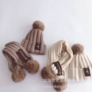 Демисезонный однотонный детский шерстяной шарф, удерживающий тепло комплект, детская вязаная шапка