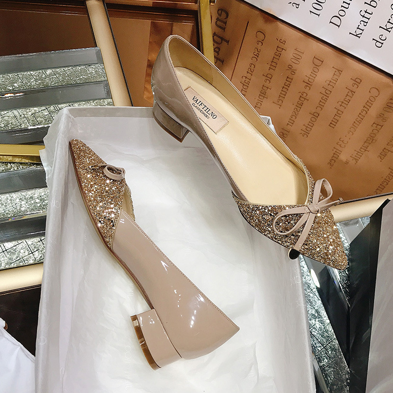 2026 Autumn New Women's Shallow Mouth Single Shoes, Pointed Toe, Color Block, Top Quality Sequin Bow, Mid-Heel, Chunky Heel_vogvips.com
