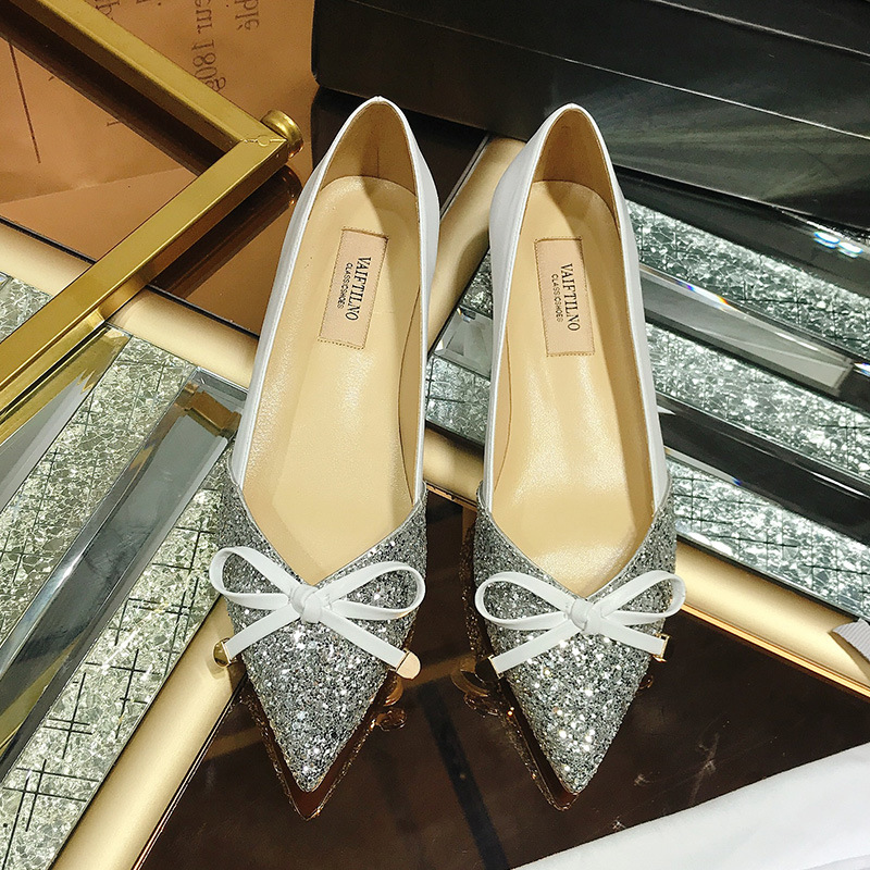 2026 Autumn New Women's Shallow Mouth Single Shoes, Pointed Toe, Color Block, Top Quality Sequin Bow, Mid-Heel, Chunky Heel_vogvips.com