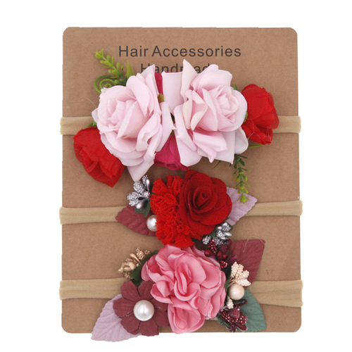 Fashionable soft children's headband Bohemian vacation children's artificial flower nylon high elastic hairband card set
