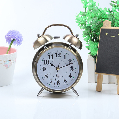 Factory Direct Supply 4-inch Metal Plated Red Copper Bronzed Gold Imitation Alarm Clock Night Light Creative Belling Children Student Desk Clock
