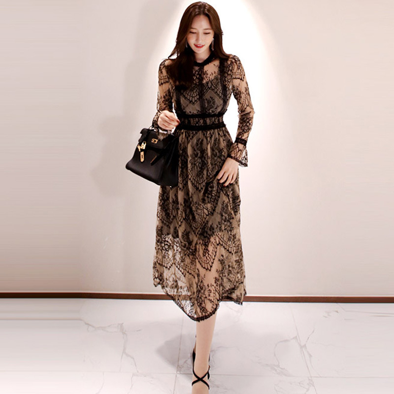 Cross-Border Women's Fashion 2026 Autumn New Elegant Sheer Lace Waist-Cinching Flared Mid-Length Gown Dress Cross-Border Women's Fashion 2026 Autumn New Elegant Sheer Lace Waist-Cinching Flared Mid-Length Gown Dress
