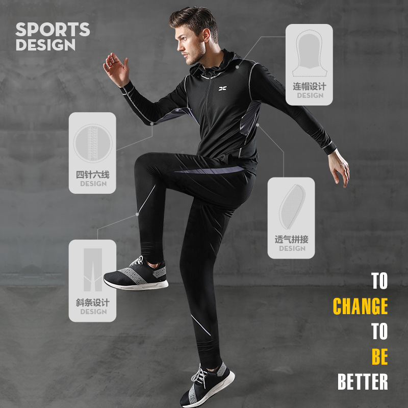 (Cross-border trading), men's black sports suit, set for gym, jacket, sports T-shirt, for running, with short sleeve, plus size 4