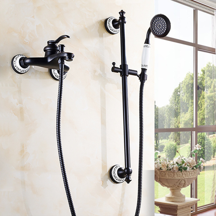 European-style black bronze wall shower faucet suit adjustable blue and white porcelain hand spray bathtub faucet