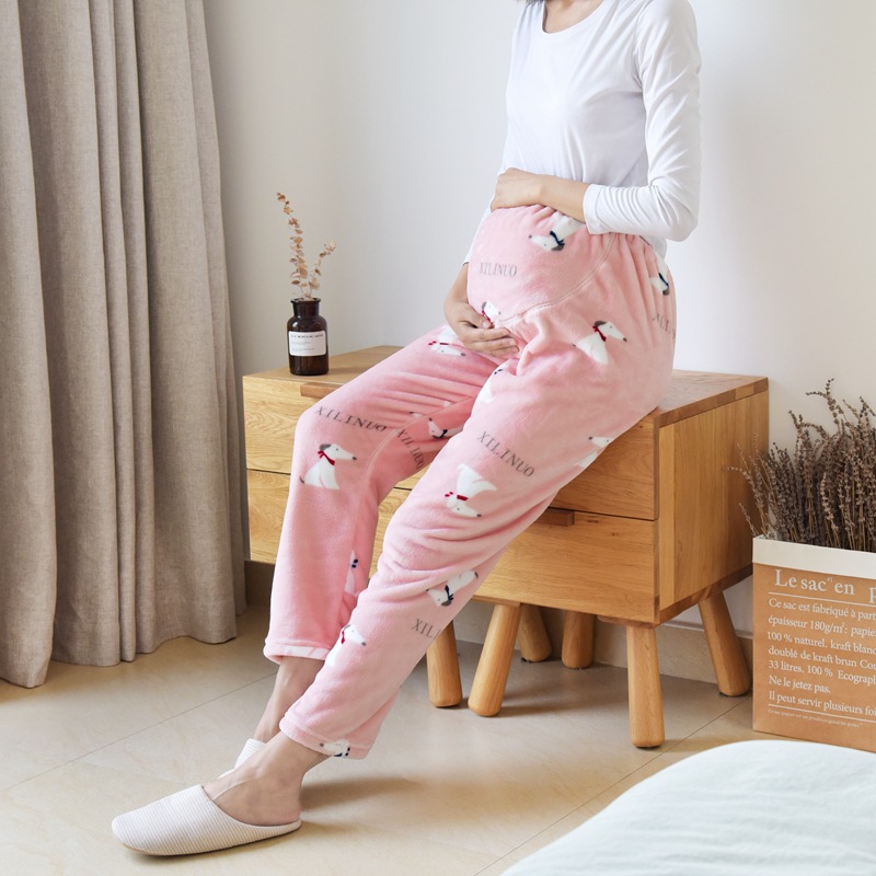 Flannel pregnant women's pajamas warm autumn and winter large size coral fleece adjustable abdominal support home pants thickened a generation of hair