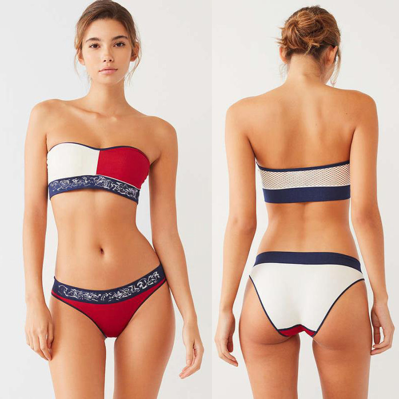 比基尼欧美泳衣新款速卖通时尚撞色分体两件套字母混色版女泳装