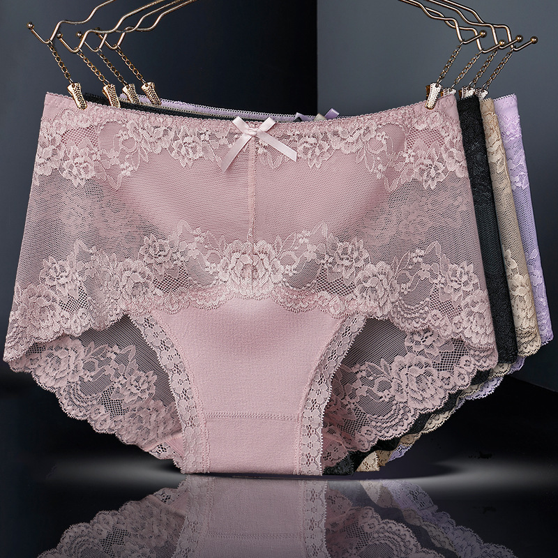 Antibacterial Crotchless Sexy Lace Panties, Seamless Lace-Trimmed Mid-Waist Panties, Women's Seamless Lace Panties