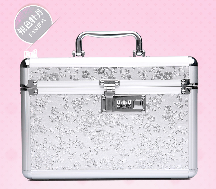 Estuche de cosméticos de aleación de aluminio, juego portátil de una sola pieza de gran capacidad de doble capa con caja de almacenamiento de espejo, bloqueo de contraseña, bolsa de cosméticos