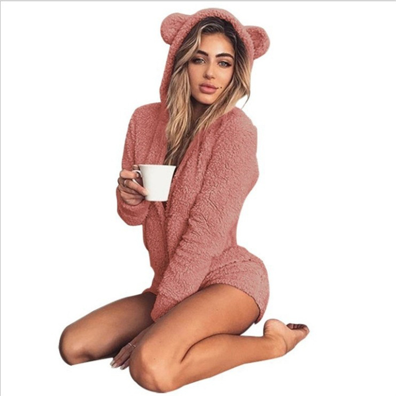 New Cross-Border European and American Amazon Plush Solid Color Long-Sleeved Hooded Cute Women's Jumpsuit Shorts Home Clothes