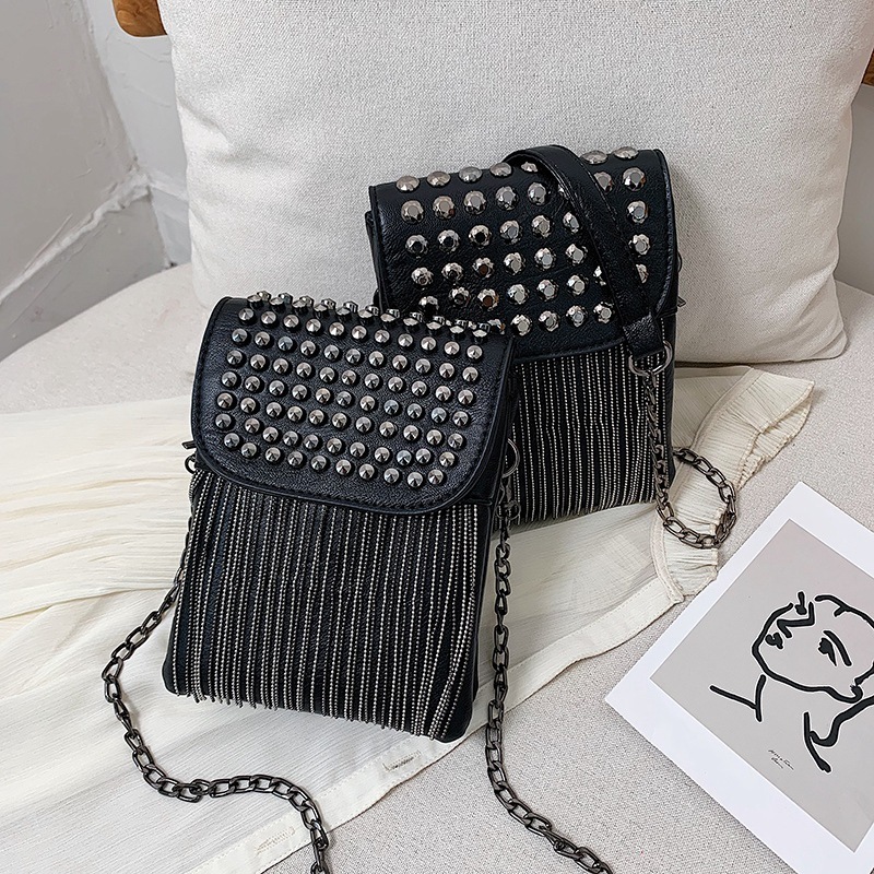 Chain Tassel Small Bag Women's 2021 Autumn and Winter European and American Fashion Rivet Tassel Bag pu Crossbody Shoulder Bag Mobile Phone Bag