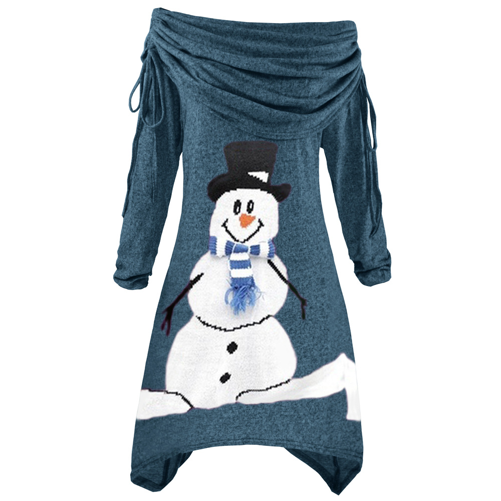 Womens Christmas Snowman Print Ruffled Collar Irregular Drawstring Dress Autumn Winter Fashion Wholesale Available
